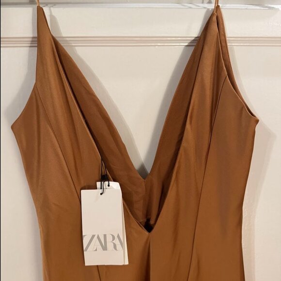 Zara Satin Plunge Backless Cocktail Dress in Copper Honey Brown - Picture 6 of 7